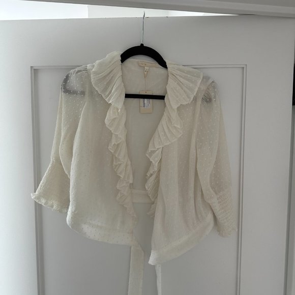 Maje Plumeti Cropped Blouse White Wrap-over Self-tie Belt Ruffle Trim V-neck - Picture 6 of 11